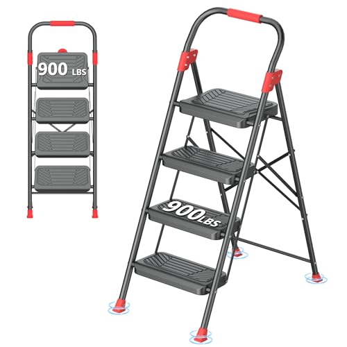 DIAMONDFORGE 4 Step Ladder, Folding Step Stool with Anti-Slip Wide Pedal, Soft Handle, Anti-Slip Feet, Sturdiest Steel Construction, 900lbs Capacity Steel Ladder for Home and Office, BlackRed - color: Blackred, size: 4 Step