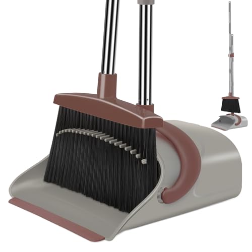 Ivandar Broom with Dustpan Combo Set, 50.6 inch Long Handle, Upright Standing Broom and Dustpan Set Quiet Cleaning Tool Sweep the Floor Dust pan Removes 4 Times More Pet Hair(Brown and Gray) - color: Brown&gray