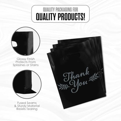 Thank You Bags, Merchandise Bags, With Handles, Black, 12”x15”, Bulk 100Pk - color: Black, size: 12" x 15"