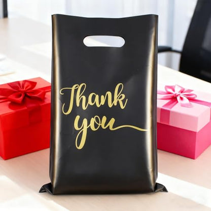 100 PCS Black Thank You Bags 9x12inch Extra Thick Plastic Retail Merchandise Bags with Handles for Small Business Boutiques and Party Favors