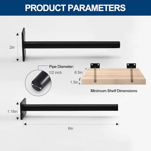 4 Pcs 6" Black Solid Steel Floating Shelf Bracket Blind Shelf Supports - Hidden Brackets for Floating Wood Shelves - Concealed Blind Shelf Support – Screws and Wall Plugs Included - size: 6 Inch, style: 4 Pack-Solid