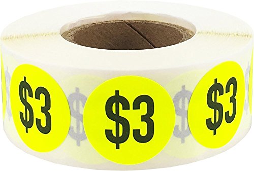 $3 Price Stickers Fluorescent Yellow .75 Inch Round Circle Dots 500 Total Adhesive Stickers - color: $3