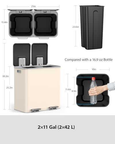 Lovewind Dual Trash and Recycling Bins for Kitchen, 2 * 11-Gallon Stainless Steel Double Trash Can, Step-On Garbage and Recycle Combo, Quiet Close, Pet-Proof, Compatible with 13-Gallon Bags, Apricot - color: Apricot, size: 2 x 11 Gallon