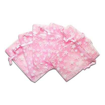 100 Sheer Organza Gift Bags w. Drawstring - Metallic Star by TheDisplayGuys - color: Pink / White Stars