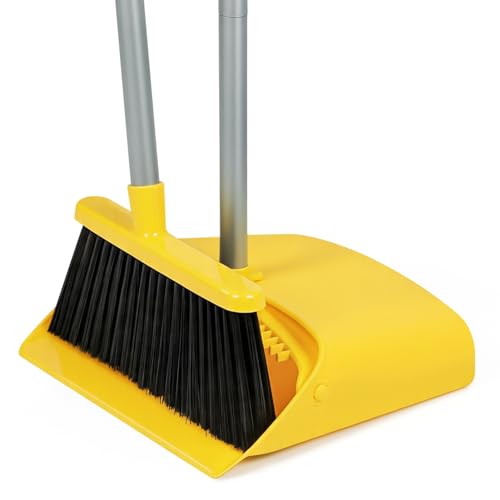 Stand Up Dustpan and Broom Set 50” Long Handle Broom with Dust Pan, with Self Cleaning Combe for Ergonomic Home Office Classroom Indoor Sweeping - color: Yellow