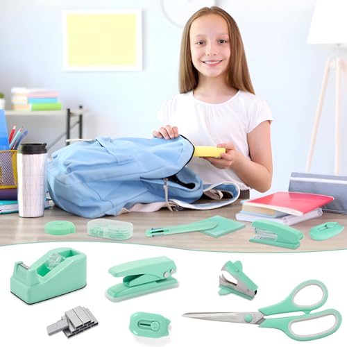 Green Desk Accessory Kit Cute Office Supplies Set Desktop Stapler Set Includes Staple Remover Hole Punch Tape Dispenser Ballpoint Pen Scissor Mini Box Cutter Tape Measure Paper Clips Sticky Notes - color: Green