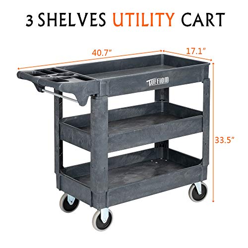 TUFFIOM Plastic Service Utility Cart with Wheels, 550lbs Capacity, Heavy Duty Tub W/Deep Shelves, Multipurpose Rolling 3-Tier Mobile Storage Organizer, for Warehouse Garage Industrial Cart - size: 3 Shelves 40.7"L x 17.1"W x 33.5"H