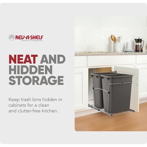 Rev-A-Shelf RV-18KD-13C-S Double Pullout Trash Can for Kitchen Cabinets 35 Quart Garbage Recycling Bin on Full Extension Slides, Gray - color: Dark Gray
