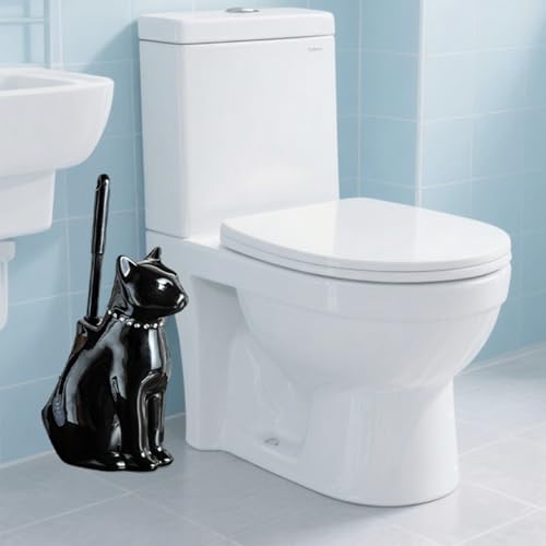 Comeon Ceramic Cat Toilet Brush and Holder Set, Plastic Handle, Black - color: Black, size: Cat