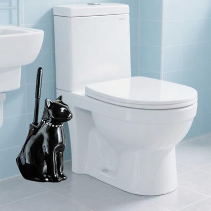 Comeon Ceramic Cat Toilet Brush and Holder Set, Plastic Handle, Black - color: Black, size: Cat