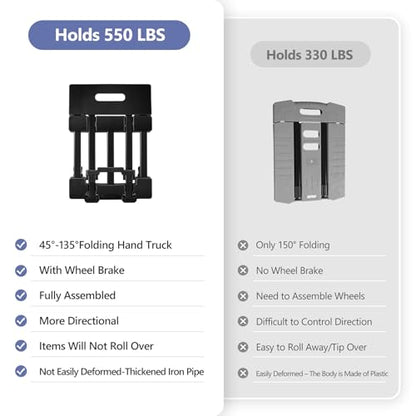 KEDSUM 550 LBS Folding Hand Truck with 6 Wheels(2 with Brake), Collapsible Dolly Cart with Wheels, Thickened Upgraded Steel Trolley Cart for Easy Moving, No-Assembly, with 1 Lashing Straps