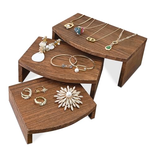 MOOCA 3-Piece Wood Hexagon Jewelry Display Stand Risers for Accessories - color: Brown