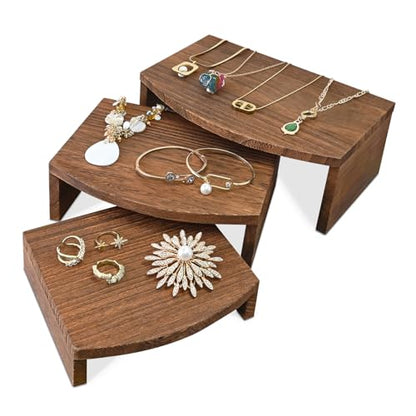 MOOCA 3-Piece Wood Hexagon Jewelry Display Stand Risers for Accessories - color: Brown