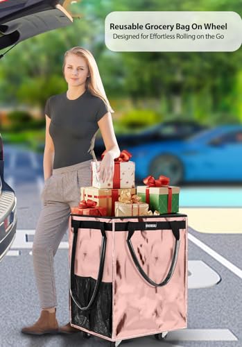 (Medium,Rose Gold) Reusable Grocery Bag on Wheels, Foldable Rolling Tote - color: Rose Gold, size: Medium