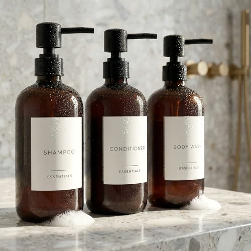 Stylish Shampoo & Conditioner Dispenser Set of 3-21oz PET Bottles, Pump - color: Brown