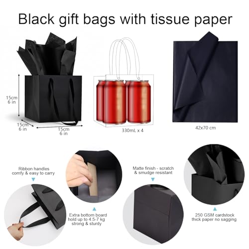 Aosric Black Square Gift Bags with Tissue Paper, 4 Pack 6x6x6 Inch - color: Black
