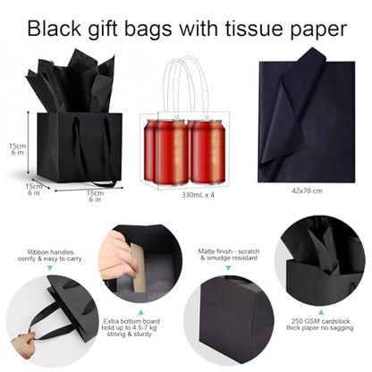 Aosric Black Square Gift Bags with Tissue Paper, 4 Pack 6x6x6 Inch - color: Black