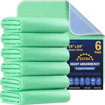 Fygrip 6 Pack 24” x 24” Extra Heavy Absorbency Washable Underpads Bed Pads - size: 6 Pack - 24" x 24"