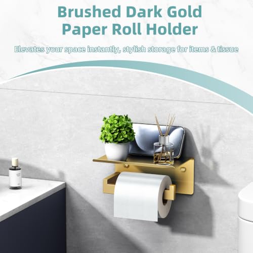 APLusee Brushed Dark Gold Toilet Paper Holder with Shelf, Wall Mounted - color: Brushed Dark Gold, size: Single Rod