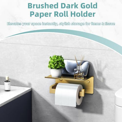 APLusee Brushed Dark Gold Toilet Paper Holder with Shelf, Wall Mounted - color: Brushed Dark Gold, size: Single Rod