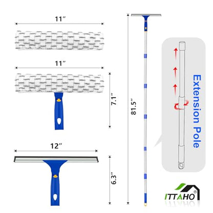 81" Window Squeegee Cleaner, Window Cleaning Tool Kit,12" Squeegee and 11" Microfiber Scrubber Combi with Stainless Steel Pole for Car,Sliding Door,Shower Glass Door-Swivel Style-2 Pads