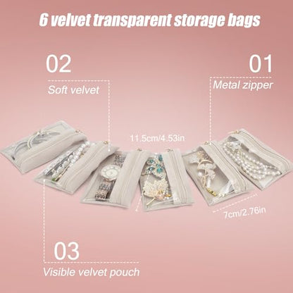 DesignSter Small Jewelry Box, Travel Small Jewelry Organizer with Earring Tray and Ring Holder,Square Travel Jewelry Storage Case with 6 Velvet Jewelry Pouches, Pink - color: Pink