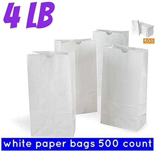 4 lb White Paper Lunch Bags – Pack of 500 | Recyclable & Food-Safe Kraft Bags for Sandwiches, Snacks, Crafts, Parties, Retail, Pharmacy, Puppets & More - size: 4 lb