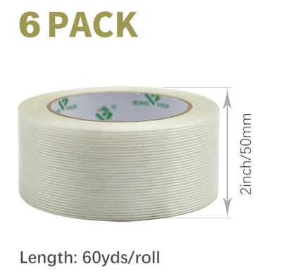 BOMEI PACK 6PACK Reinforced Packing Tape, 5.5Mil 2Inx 60Yds, Heavy Duty Fiber Strapping Adhesive Packaging Tape - size: 6Rolls (2inch x 60yds)