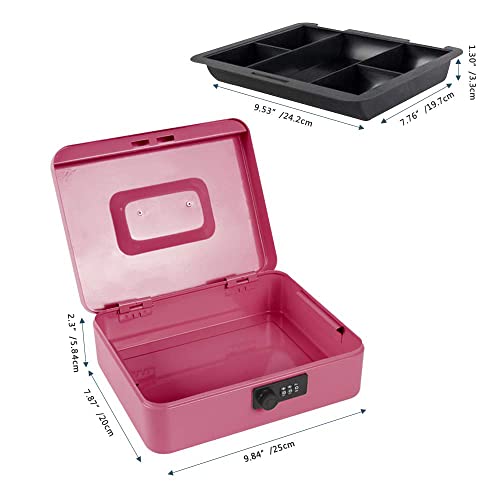 Kyodoled Large Cash Box with Combination Lock,Safe Metal Money Box with Money Tray for Security Lock Box 9.84"x 7.87"x 3.54" Pink Large - color: Pink (Pack of 1), size: Large