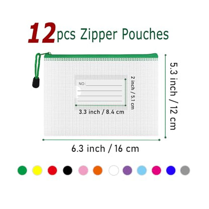 Plastic Mesh Zipper Pouch, 12Pcs Zipper File Bags with Label Pocket, Game Boards Storage Bags, Waterproof Document Storage Bags for Office Home Travel Cosmetic (A6 Size 6.3x4.7 in) - size: A6 Size 6.3x4.7 in