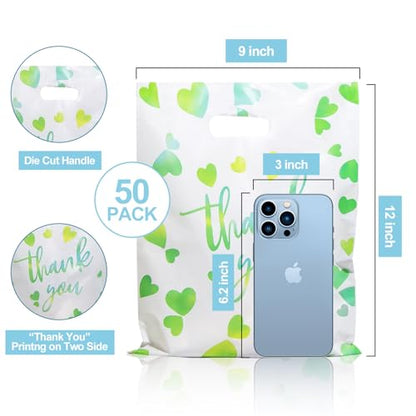 WAKAKO Bulk 50 Green Thank You Shopping Bags with Handles – Durable Plastic Retail Bags for Business Small, Boutique, Gifts, Merchandise (Small 12"x9") – Fits Accessories & Jewelry - size: 1 Count (Pack of 50)
