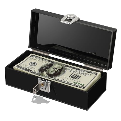 Acrylic Cash Box with Lock, Black Money Holder Organizer - color: Black, size: 7 x 3.1 x 2.3 Inch