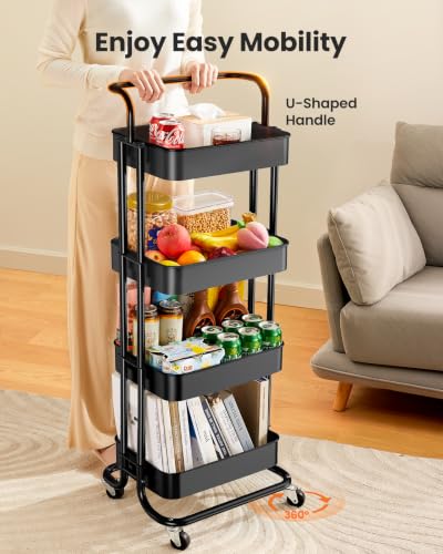 Pipishell Metal 4 Tier Rolling Cart with Handle & 2 Lockable Wheels, Black - color: Black, size: 4-Tier