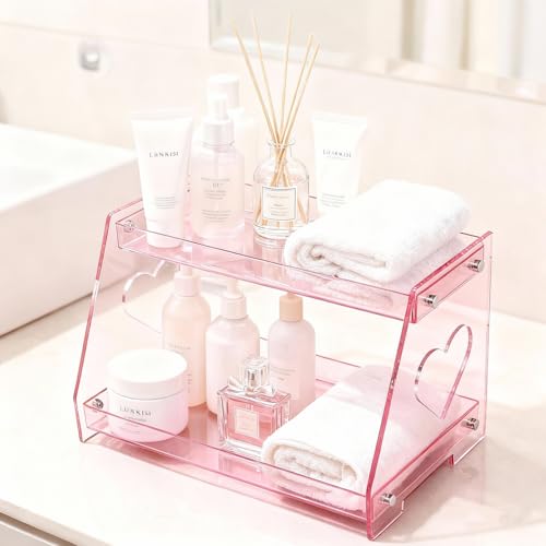 ROYALITA 2 Tier Pink Heart Bathroom Countertop Organizer Display Shelf - color: Pink