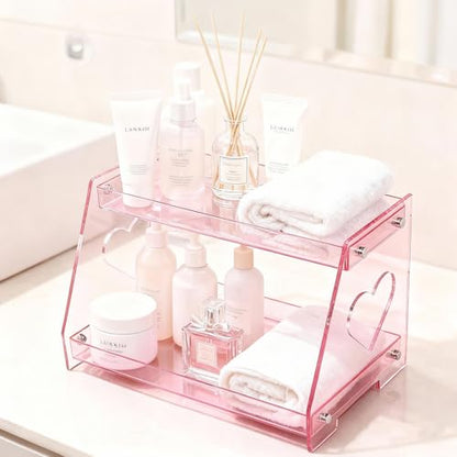 ROYALITA 2 Tier Pink Heart Bathroom Countertop Organizer Display Shelf - color: Pink