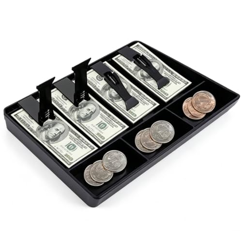 Cash Register Drawer Insert Tray, 4 Bills Cash Till Drawer with Metal Clip Coin Safe Insert Trays Portable Cash Register for Small Businesses