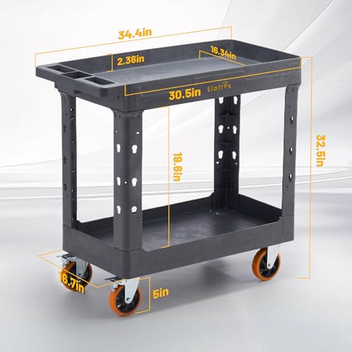 ELAFROS 2-Tier Heavy Duty Utility Rolling Cart, 34 x 17 in, 5" Wheels, Gray - color: Gray, size: 4 swivel casters