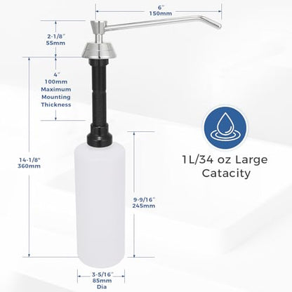 Stardrix Heavy Duty Brass Countertop Liquid Soap Dispenser, Commercial Grade Top Fill Built-in Soap Dispenser with 34 oz/ 1L Bottle for Bathroom, Kitchen, Public Restroom, Chrome Finish, 6” Spout - size: 6” Spout