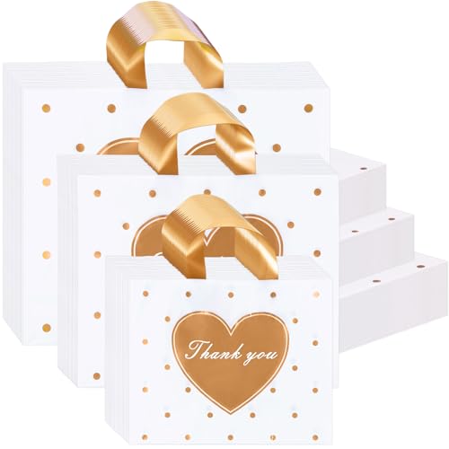 Abbylike 300 Pcs Thank You Bags with Handles, 3 Size Plastic,Gold, White - color: Gold, White