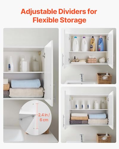 VEVOR Laundry Room Wall Cabinet, 2-Tier Wall Mounted Hanging Cabinet with Adjustable Shelf, 32 in Cupboard Storage with 2 Doors, for Bathroom, Kitchen, Laundry, 16 x 32 x 24 in (D x W x H), White - size: 32 Inch, style: 2 Doors
