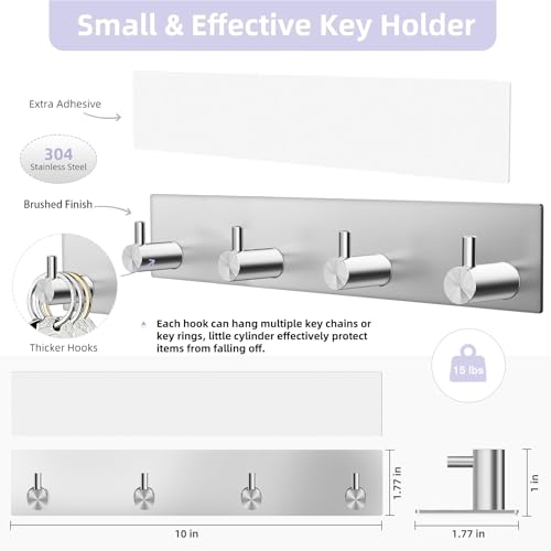 VIS'V Key Holder Wall Mount, Large Adhesive Key Hanger with 4 Hooks, Silver - color: Silver