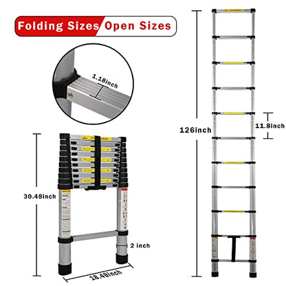 10.5 FT Telescoping Aluminum Extension Ladder, 330 lbs Capacity - size: 10.5ft