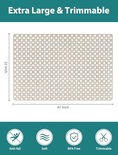 Extra Large Shower Mat, Yonala 47 x 32 Inch Non Slip Shower Mats for Inside Shower, Soft TPE Shower Floor Mat with Suction Cups and Drain Holes, Machine Washable Bathroom Shower Mat, Easy to Clean - color: Khaki
