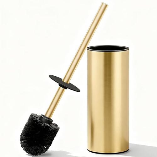 Toilet Brush and Holder Set, NEWRAIN 304 Stainless Steel Toilet Brush with Long Brush Handle, Brushed Gold Toilet Scrubber and Covered Holder, Round Design Sturdy and Space Saving, Covered Brush - color: Brushed Gold