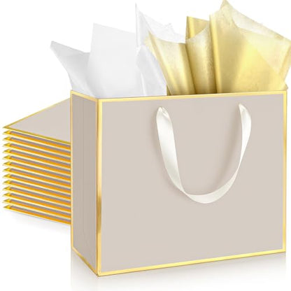 ReliThick 12 Pack Paper Gift Bag with Handles & Tissue, Champagne, Gold - color: Champagne, Gold