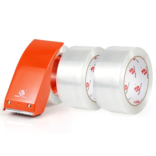 BOMEI PACK Heavy Duty Packing Tape with Dispenser 1.88'' x 66 YDs, Clear Box Tape for Packaging Shipping Moving Storage and Mailing, Strong Package Tape 3 Rolls + 1 Dispenser, Total 198 YDs