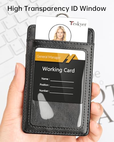 Teskyer Leather ID Badge Holder with Lanyard, Vertical Black - color: Black, size: Vertical