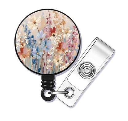 Painted Flowers Badge Reel,Retractable Name Card Badge Holder with Alligator Clip, Medical MD RN Nurse Badge ID,Office Employee Name Badge, Badge Holder, Black