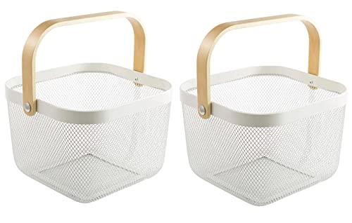 AJIODA 2 Pack Metal Mesh Steel Basket, Storage Organizer Basket Multi-function Hanging Kitchen Baskets Fruit Basket Bin with Wood Handle for Kitchen Bathroom Picnic Cabinet Home Decor, White - color: White