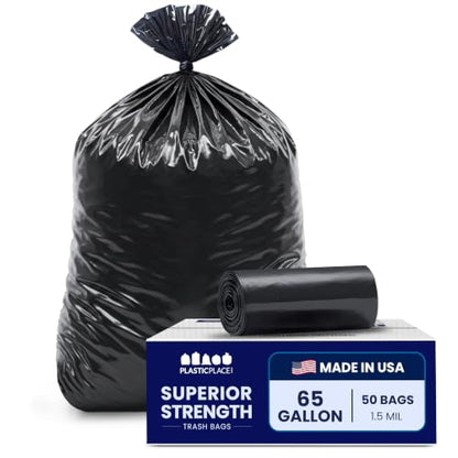 Plasticplace 65 Gallon Trash Bags │ 1.5 Mil │ Black Heavy Duty Garbage Can Liners │ 50” x 48” (50 Count)